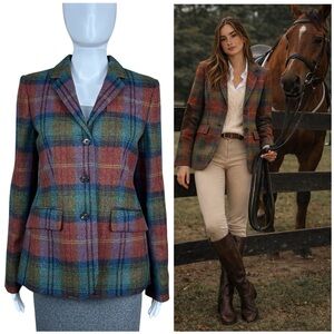 Brooks Brothers Moon Tweed Plaid Wool  Blazer Size 4 Elbow Patch Equestrian NWT